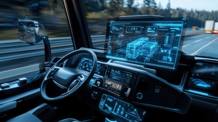 A neon blue holographic interface on a self-driving truck dashboard, displaying cargo and route informationの素材