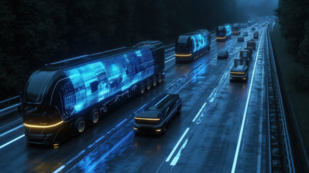 A futuristic smart road with driverless trucks guided by neon blue holographic maps projected onto the highwayの素材