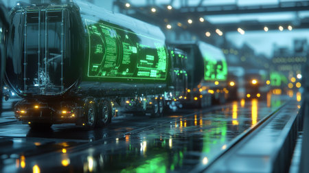 A futuristic logistics hub where autonomous trucks are directed by floating neon green hologramsの素材