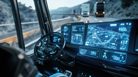 A neon blue holographic interface on a self-driving truck dashboard, displaying cargo and route informationの素材