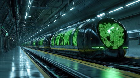 A futuristic train station where trains are guided by neon green holographic route mapsの素材