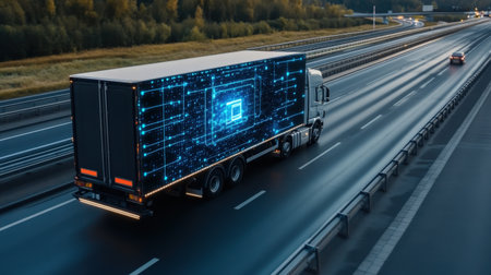 A self-driving delivery truck navigating a smart highway with glowing blue holographic route dataの素材