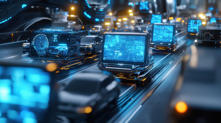 A logistics control room where engineers manage an AI-powered transportation system using neon blue holographic displaysの素材