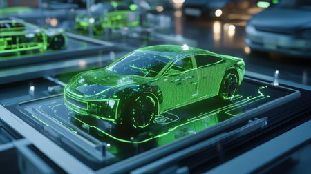 A sci-fi control center monitoring a network of autonomous vehicles using neon green holographic mapsの素材