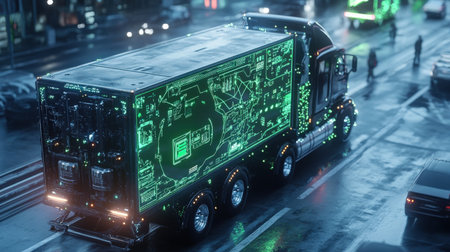 A self-driving electric truck being monitored by a neon green holographic interface in a futuristic cityの素材