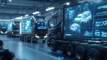 A control room filled with floating holographic interfaces managing a fleet of self-driving trucksの素材