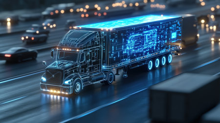 A close-up of a self-driving truck holographic control system projecting route data in neon blueの素材