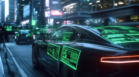 A sci-fi land transportation network where all vehicles are driverless, controlled by holographic AI interfacesの素材