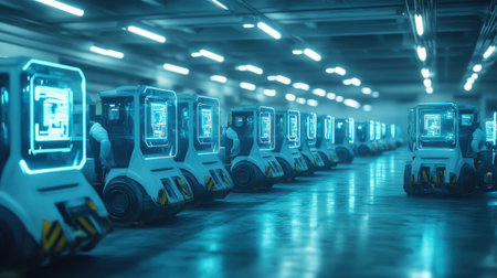 A fleet of autonomous cargo vehicles managed by neon blue holographic control systems in a futuristic depotの素材