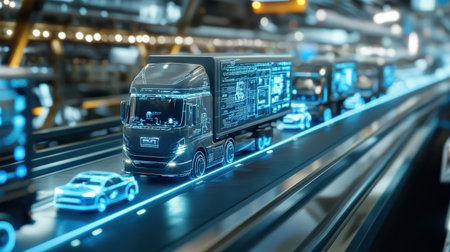 A futuristic highway with autonomous trucks, guided by glowing blue holograms showing real-time traffic flowの素材