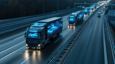 A futuristic highway with autonomous trucks, guided by glowing blue holograms showing real-time traffic flowの素材