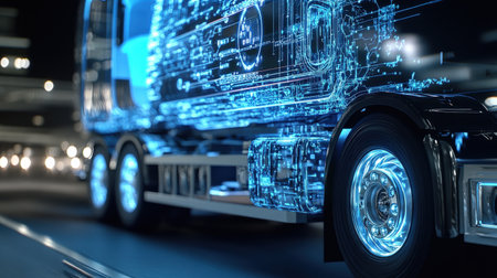 A close-up of a self-driving truck holographic control system projecting route data in neon blueの素材