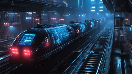 A futuristic cargo train with glowing holographic route maps guiding its journey through a neon-lit cityの素材