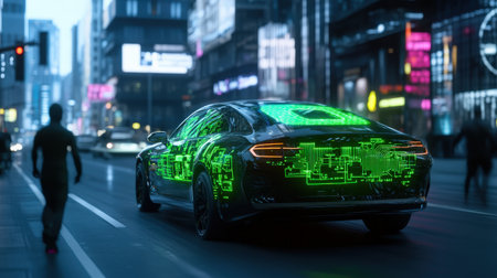 A sci-fi land transportation network where all vehicles are driverless, controlled by holographic AI interfacesの素材