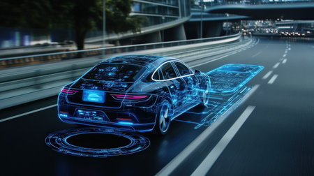 A driverless car scanning its surroundings with neon blue holographic sensors for obstacle detectionの素材