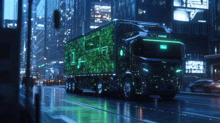 A driverless cargo truck in a futuristic cityscape, with holographic road signs guiding its way in glowing greenの素材