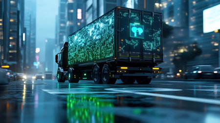 A driverless cargo truck in a futuristic cityscape, with holographic road signs guiding its way in glowing greenの素材