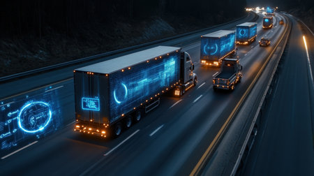 A drone view of autonomous trucks on a futuristic highway, with glowing blue holographic data streams tracking their routesの素材