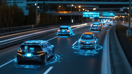 A futuristic highway lit by neon blue holographic signs directing autonomous cars in real-timeの素材