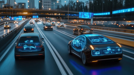 A futuristic highway lit by neon blue holographic signs directing autonomous cars in real-timeの素材