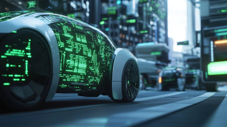 An autonomous delivery vehicle driving through a smart city with neon green holographic navigation displaysの素材