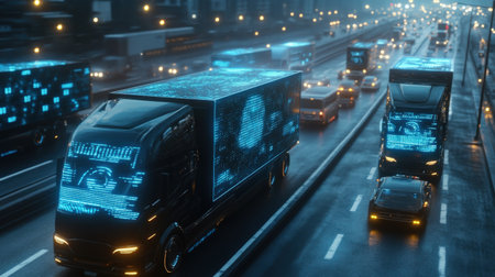 A sci-fi-style highway with self-driving trucks and neon blue holographic traffic signals directing the flowの素材