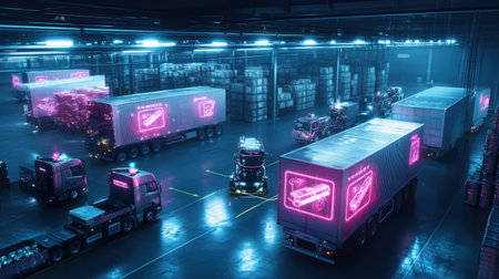 A futuristic logistics hub with autonomous trucks being loaded and guided by neon hologramsの素材