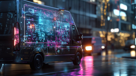 A driverless delivery van with a neon holographic interface guiding its movements through a smart cityの素材