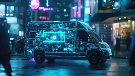 A driverless delivery van with a neon holographic interface guiding its movements through a smart cityの素材