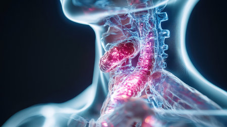 thyroid gland produce This hormone is responsible for regulating the metabolism. body temperature level Blood lipid levels Including emotions holographic scan projection 3D renderingの素材