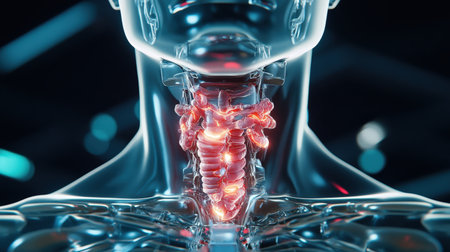 thyroid gland produce This hormone is responsible for regulating the metabolism. body temperature level Blood lipid levels Including emotions holographic scan projection 3D renderingの素材