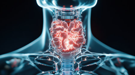 thyroid gland produce This hormone is responsible for regulating the metabolism. body temperature level Blood lipid levels Including emotions holographic scan projection 3D renderingの素材