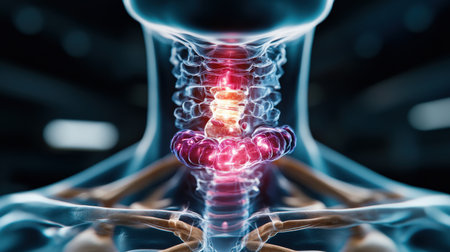 thyroid gland produce This hormone is responsible for regulating the metabolism. body temperature level Blood lipid levels Including emotions holographic scan projection 3D renderingの素材