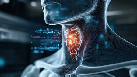 thyroid gland produce This hormone is responsible for regulating the metabolism. body temperature level Blood lipid levels Including emotions holographic scan projection 3D renderingの素材