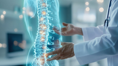 doctor on blurred background using digital x-ray of human spinal cord spinal cord , a long, tube-like band of tissue. It connects your brain to your lower back. Your spinal cord carries nerve signals from your brain to your body and vice versa. These nerve signals help you feel sensations and move your body. Any damage to your spinal cord can affect your movement or function , holographic scan projection 3D rendering --ar 16:9 --personalize jaydbm9 --v 6.1 Job ID: c2c04d24-f43c-4568-8891-f4d4b5fa1ce5の素材