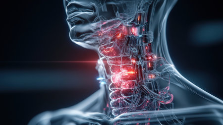 thyroid gland produce This hormone is responsible for regulating the metabolism. body temperature level Blood lipid levels Including emotions holographic scan projection 3D renderingの素材