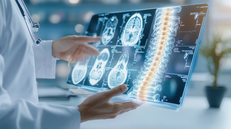 doctor on blurred background using digital x-ray of human spinal cord spinal cord , a long, tube-like band of tissue. It connects your brain to your lower back. Your spinal cord carries nerve signals from your brain to your body and vice versa. These nerve signals help you feel sensations and move your body. Any damage to your spinal cord can affect your movement or function , holographic scan projection 3D rendering --ar 16:9 --personalize jaydbm9 --v 6.1 Job ID: 71db85a8-5b73-4ec8-bac6-e69f15b55d15の素材