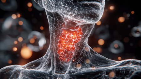 thyroid gland is responsible for producing thyroid hormones This hormone is responsible for regulating the hormone. body temperature level Blood lipid levels Including emotions holographic scan projection 3D renderingの素材