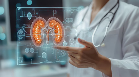doctor using digital x-ray of human kidneys, kidney stone Maintain water balance in the body, holographic scan projection 3D rendering on a digital tablet examiningの素材