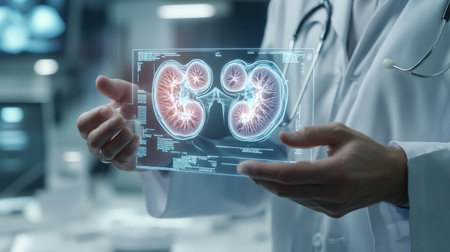 doctor using digital x-ray of human kidneys, kidney stone Maintain water balance in the body, holographic scan projection 3D rendering on a digital tablet examiningの素材