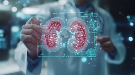 doctor using digital x-ray of human kidneys, kidney stone Maintain water balance in the body, holographic scan projection 3D rendering on a digital tablet examiningの素材