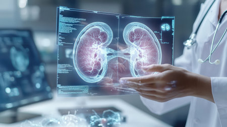 doctor using digital x-ray of human kidneys, kidney stone Maintain water balance in the body, holographic scan projection 3D rendering on a digital tablet examiningの素材