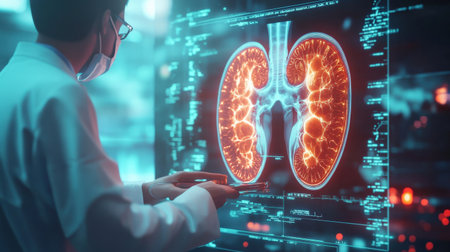 doctor using digital x-ray of human kidneys, kidney stone Maintain water balance in the body, holographic scan projection 3D rendering on a digital tablet examiningの素材