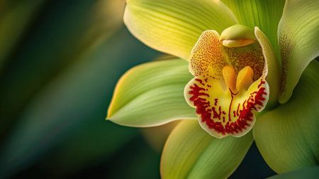 A close-up of Cymbidium orchid, showcasing its rich green and yellow petals with a vibrant red lipの素材