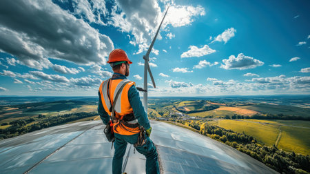Wind turbine engineer inspecting a turbine blade from a high vantage point, against a backdrop of blue sky and cloudsの素材