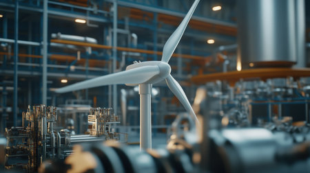 Overlapping footage of a wind turbine and industrial machinery, symbolizing the shift to renewable energy Sustainability, green energyの素材