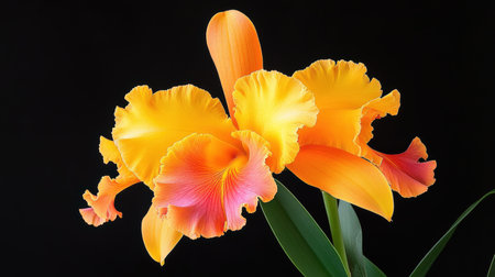 A vibrant Cattleya orchid in full bloom, displaying its ruffled petals in bright yellow and orangeの素材