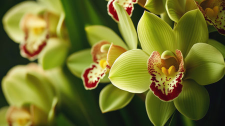A close-up of Cymbidium orchid, showcasing its rich green and yellow petals with a vibrant red lipの素材