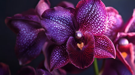 A close-up of Zygopetalum orchid with its intricate patterns and rich purple huesの素材