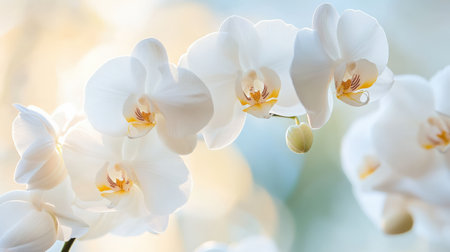 A close-up of Phalaenopsis orchid in full bloom, showcasing its elegant white petals and yellow centerの素材